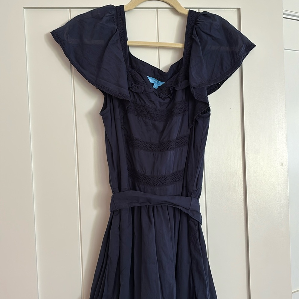 Draper James size large navy blue midi dress with ruffles